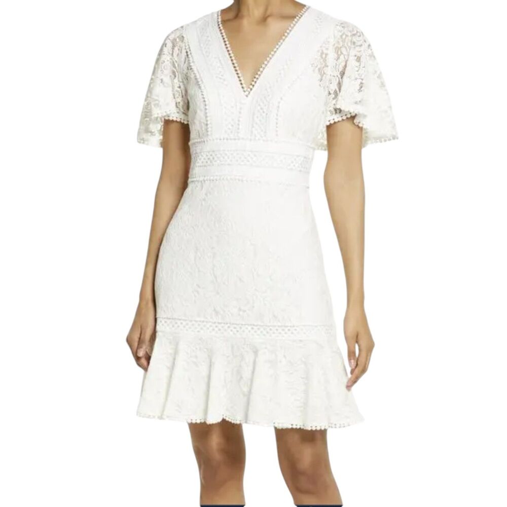 Eliza J $188 V-Neck Lace Flounce Sleeve‎ Cocktail Party Wedding Guest Dress 6